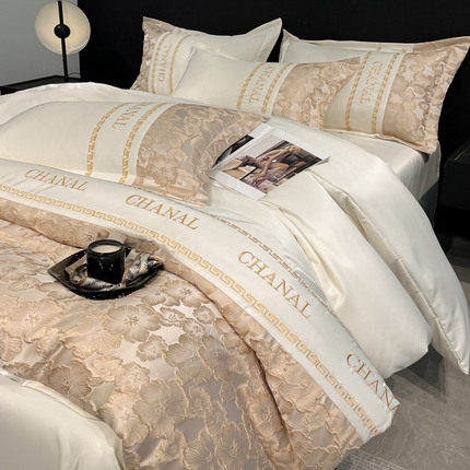 米彩家纺 2025新款A类水洗真丝金丝浮雕提花绣花四件套 桃花-奶白
