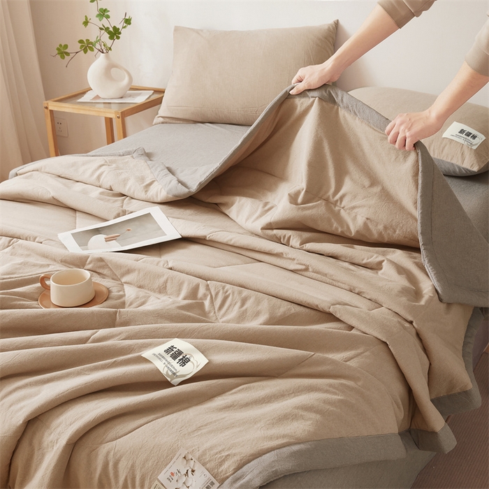 91家纺网 家纺一手货源 找家纺 2025新款A类里外全棉夏凉被100%新疆棉纯棉全棉填充无印格子款空调被原棉夏被 里外全棉-双拼咖