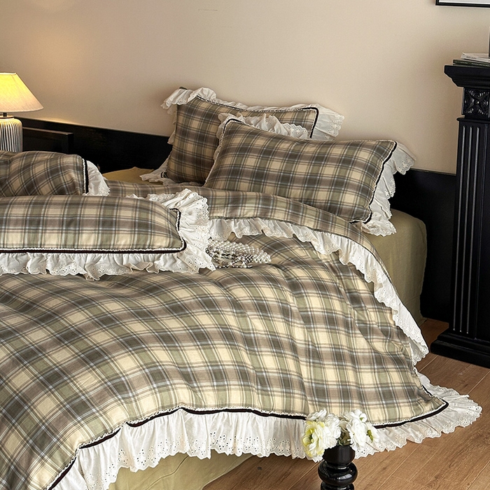 91家纺网 家纺一手货源 找家纺 （总）蓝邻家纺 2025春夏新款全棉纯棉复古双层纱花边织带款四件套