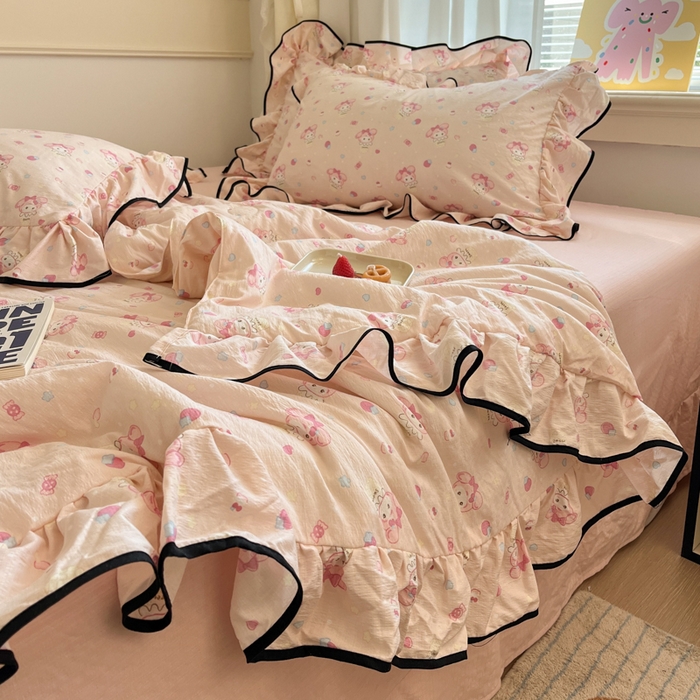 91家纺网 家纺一手货源 找家纺 欧尚 2025新款细黑边夏被床单床盖三件套 粉蒂