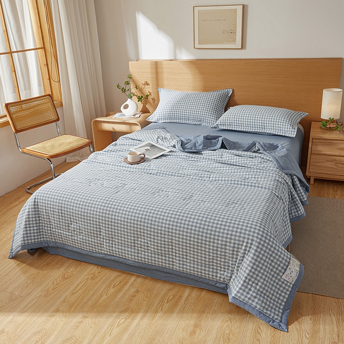 91家纺网 家纺一手货源 找家纺 西域种棉人·千百笠 2025新款A类100%新疆棉花夏凉被纯棉全棉填充原棉空调被手工宽边水洗棉夏被 水兰小格