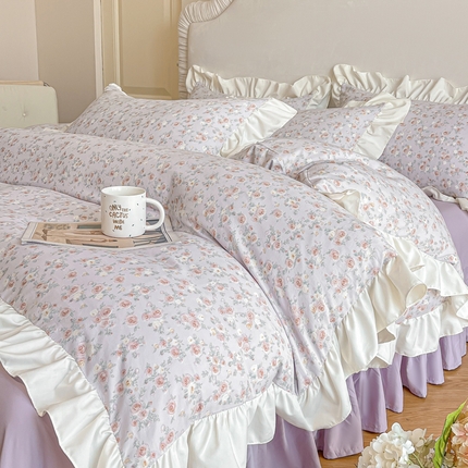 绘萱家居 2025新款舒氧°柔糯棉花边床裙款四件套（全消光细纱仿全棉纯棉）可可小姐-紫