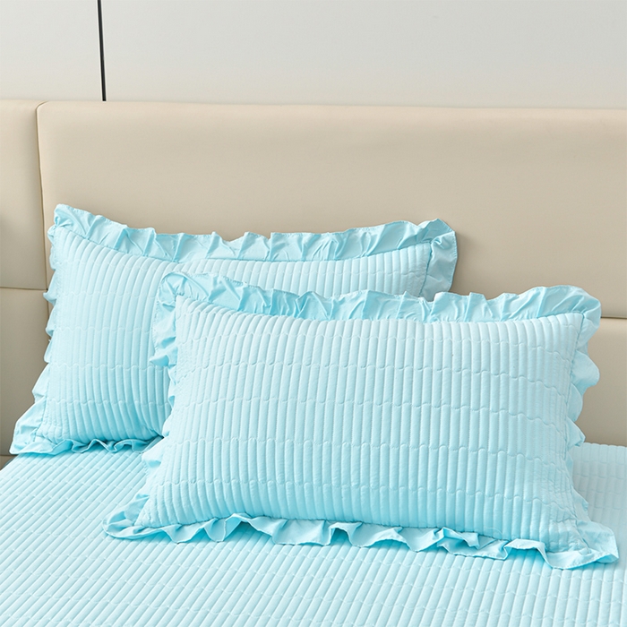 91家纺网 家纺一手货源 找家纺 星窝家纺 2025新款水洗棉花边床裙式多功能床盖三件套 经典蓝色