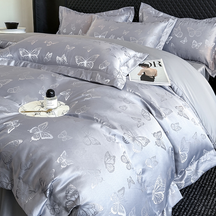 91家纺网 家纺一手货源 找家纺 狂想家 2025新款高奢提花水洗天丝系列四件套 蝶之恋高级灰