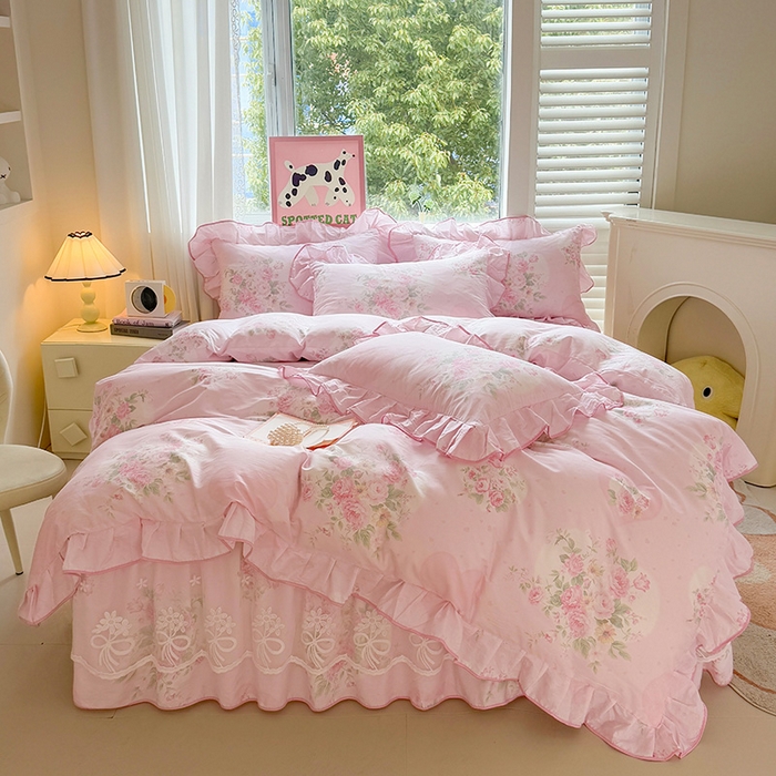 91家纺网 家纺一手货源 找家纺 宜凡家纺 2025新款全棉蕾丝花边床裙三件套 弥花集