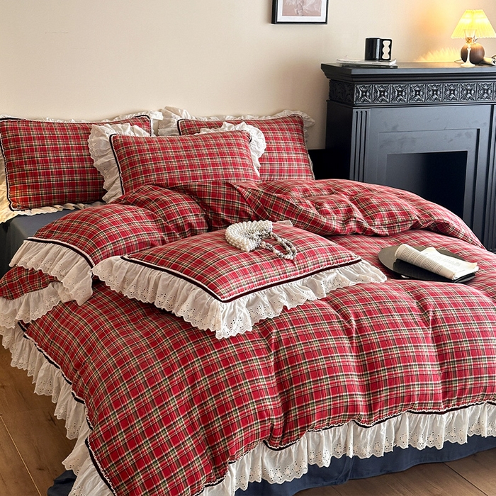 91家纺网 家纺一手货源 找家纺 蓝邻家纺 2025春夏新款全棉纯棉复古双层纱花边织带款四件套 清格