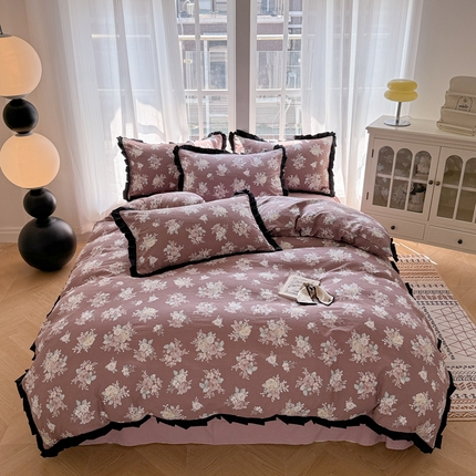 2025新款黑花边有氧云感m提花针织水洗m双层纱四件套 芳华