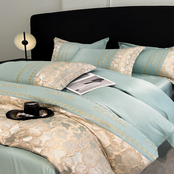 91家纺网 家纺一手货源 找家纺 米彩家纺 2025新款A类水洗真丝金丝浮雕提花绣花四件套 桃花-水绿