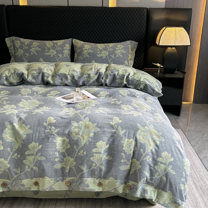 91家纺网 家纺一手货源 找家纺 2025新款全棉色织双层纱纽扣款四件套 七里香-灰黄