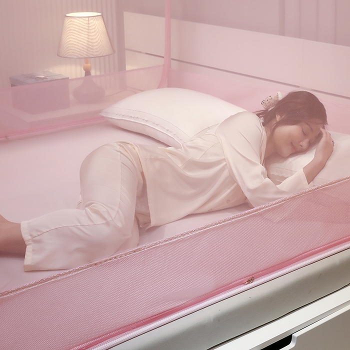 91家纺网 家纺一手货源 找家纺 夏彩 2025新款U型三开门外穿坐床蚊帐系列-货号88538/88539 88539粉色