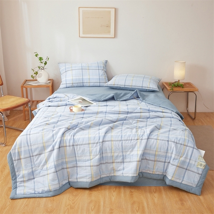 2025新款A类里外全棉夏凉被100%新疆棉纯棉全棉填充无印格子款空调被原棉夏被 里外全棉-简蓝格