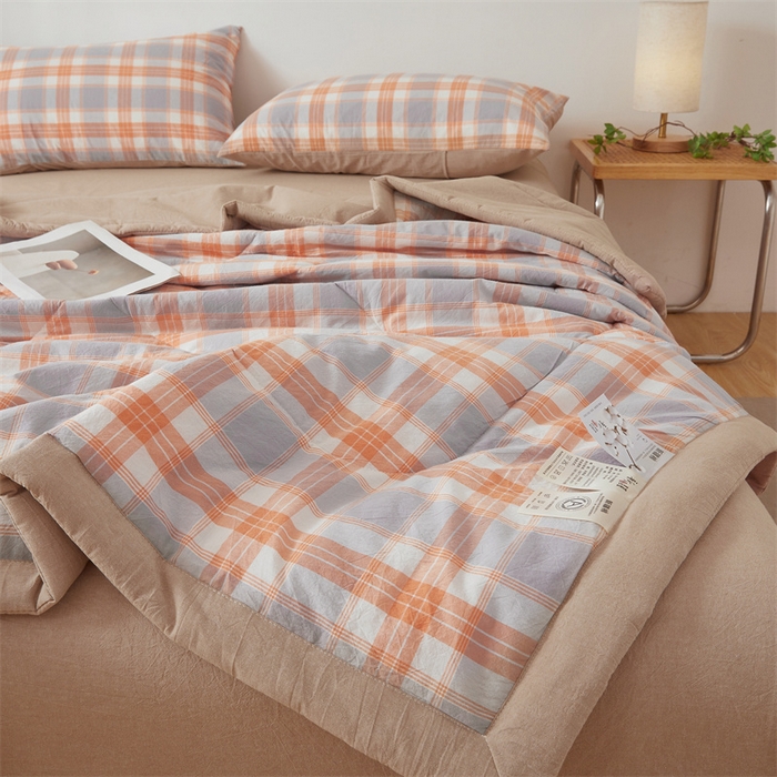 91家纺网 家纺一手货源 找家纺 2025新款A类里外全棉夏凉被100%新疆棉纯棉全棉填充无印格子款空调被原棉夏被 里外全棉-桔灰格