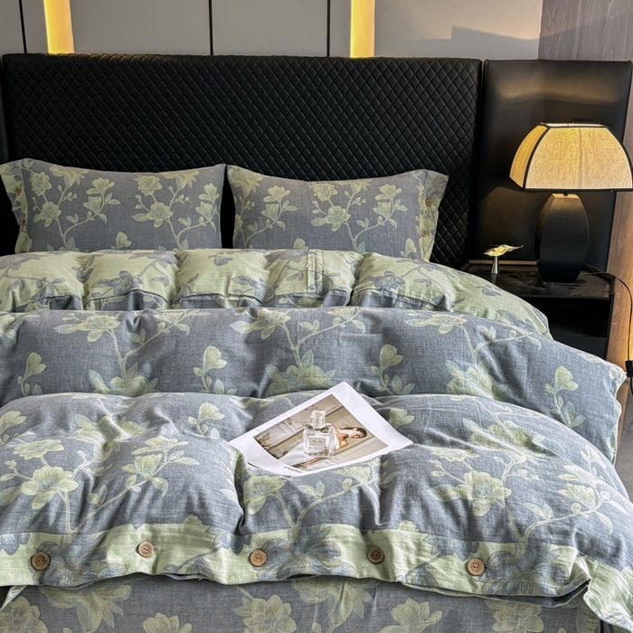 91家纺网 家纺一手货源 找家纺 2025新款全棉色织双层纱纽扣款四件套 七里香-灰黄