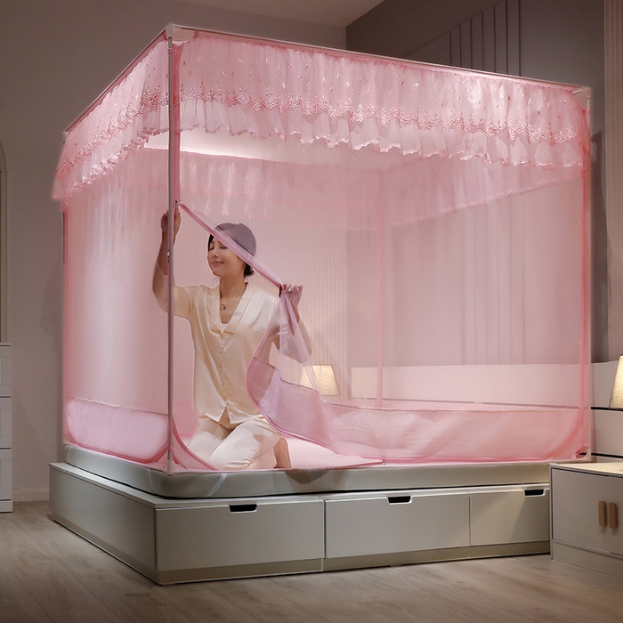 91家纺网 家纺一手货源 找家纺 夏彩 2025新款U型三开门外穿坐床蚊帐系列-货号88538/88539 88539粉色