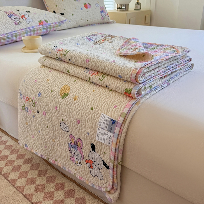 91家纺网 家纺一手货源 找家纺 宜梦家居【需要买家秀请联系老板】 2025新款双面纯棉夹层新疆棉花高温砂洗全棉床盖 甜蜜小兔