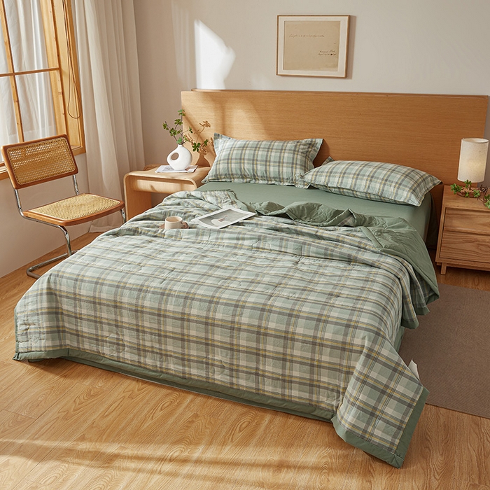 91家纺网 家纺一手货源 找家纺 西域种棉人·千百笠 2025新款A类100%新疆棉花夏凉被纯棉全棉填充原棉空调被手工宽边水洗棉夏被 雅致-绿格