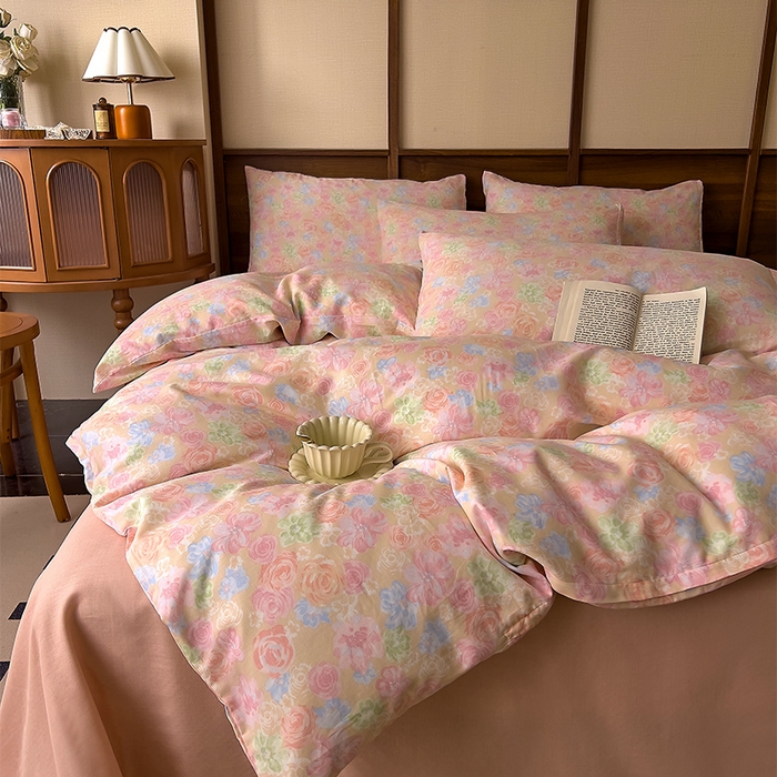 91家纺网 家纺一手货源 找家纺 优品阁  2025新款A类全棉有氧双层纱四件套 绯色花间