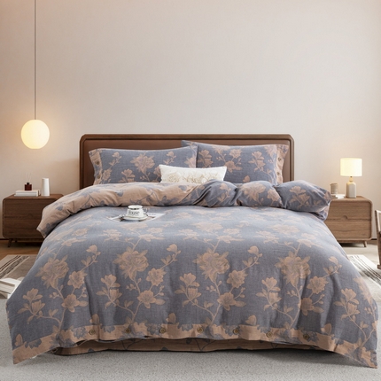 91家纺网 家纺一手货源 找家纺 （总）鲁爱 2025新款全棉色织双层纱纽扣款四件套