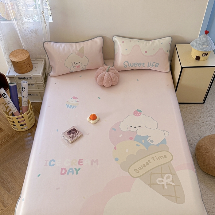 91家纺网 家纺一手货源 找家纺 美乐迪家纺 2025新款碳光凉感冰丝席 冰淇淋小狗