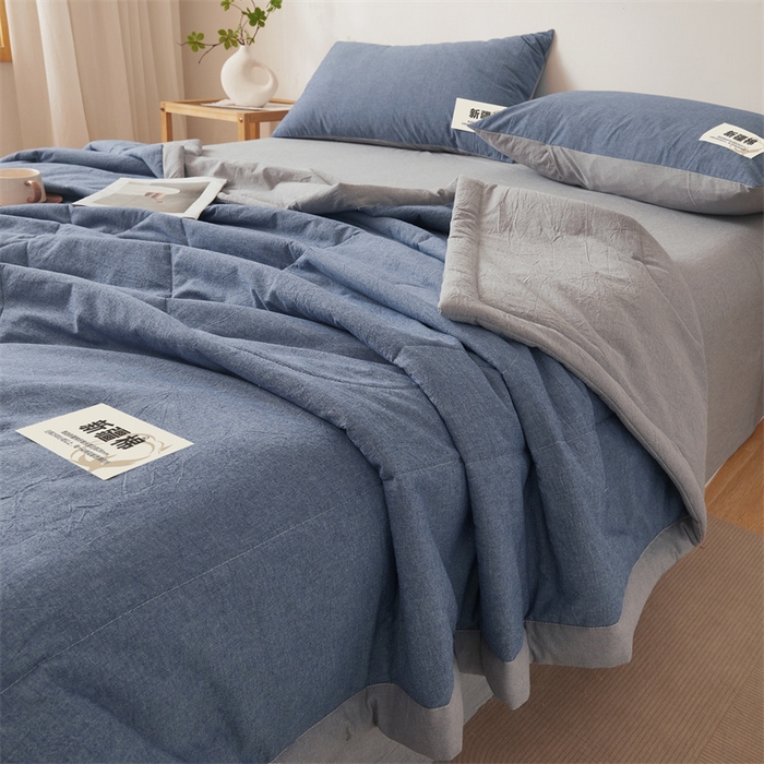 91家纺网 家纺一手货源 找家纺 2025新款A类里外全棉夏凉被100%新疆棉纯棉全棉填充无印格子款空调被原棉夏被 里外全棉-双拼蓝