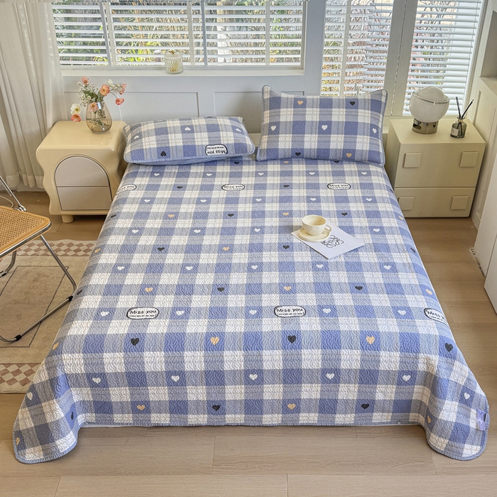 91家纺网 家纺一手货源 找家纺 宜梦家居【需要买家秀请联系老板】 2025新款双面纯棉夹层新疆棉花高温砂洗全棉床盖 爱达拉蓝