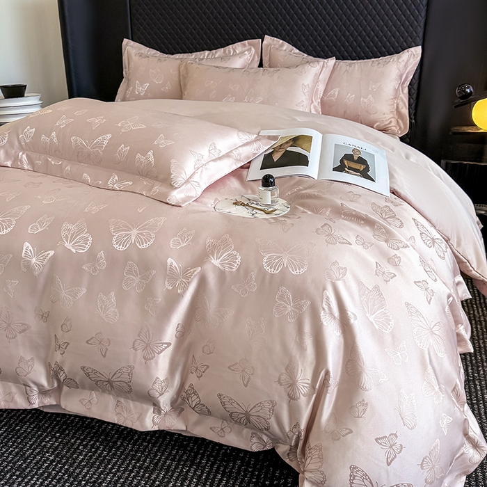 91家纺网 家纺一手货源 找家纺 狂想家 2025新款高奢提花水洗天丝系列四件套 蝶之恋轻奢粉