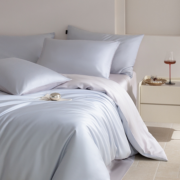 91家纺网 家纺一手货源 找家纺 云栖家居 202560支兰精天丝纯拼色四件套 海蓝银灰