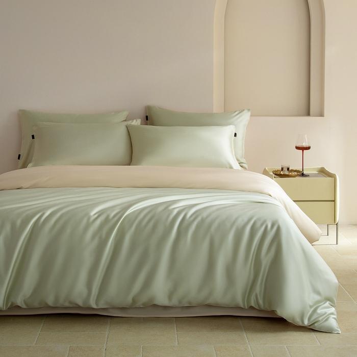 91家纺网 家纺一手货源 找家纺 云栖家居 202560支兰精天丝纯拼色四件套 浅绿香槟