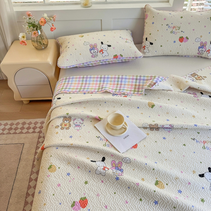 91家纺网 家纺一手货源 找家纺 宜梦家居【需要买家秀请联系老板】 2025新款双面纯棉夹层新疆棉花高温砂洗全棉床盖 甜蜜小兔