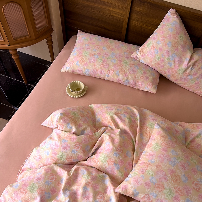 91家纺网 家纺一手货源 找家纺 优品阁  2025新款A类全棉有氧双层纱四件套 绯色花间