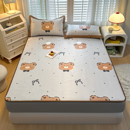 花言狐语 2025新款真冰藤印花床笠款凉席 爱心熊