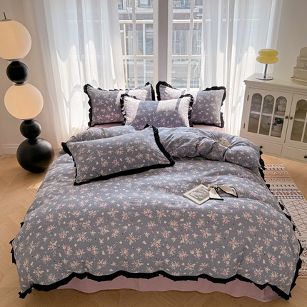 2025新款黑花边有氧云感m提花针织水洗m双层纱四件套 莫奈花园