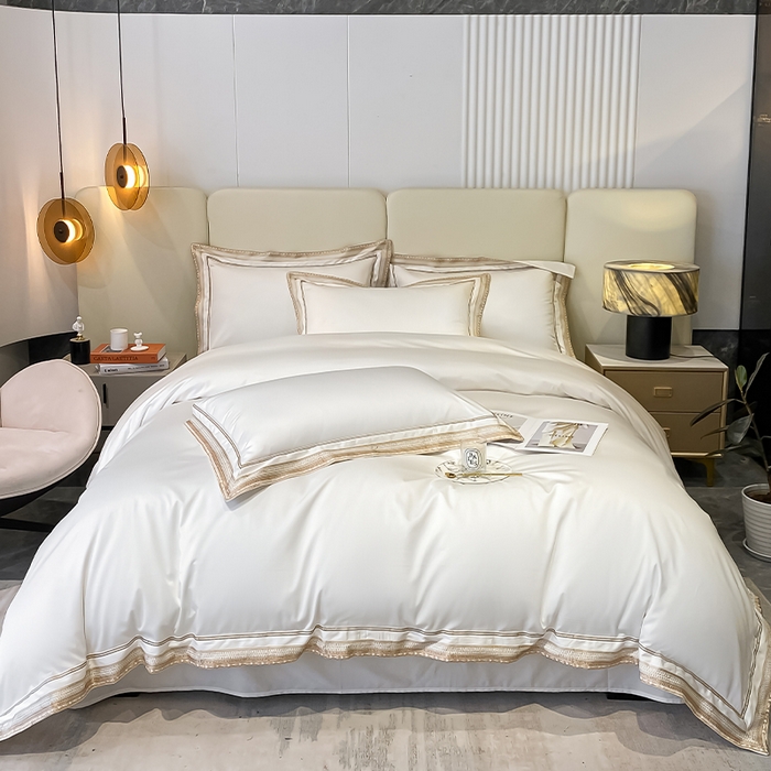 91家纺网 家纺一手货源 找家纺 瑞驰家纺 2025新款长绒棉纯棉绣花四件套--千寻系列 千寻-莫兰迪白