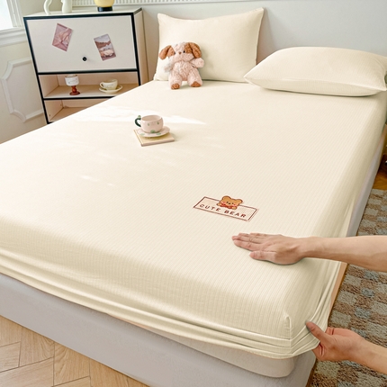 悦织湾家纺 2025新款双层纱亲肤棉床笠三件套轻奢时尚透气床上用品 米黄