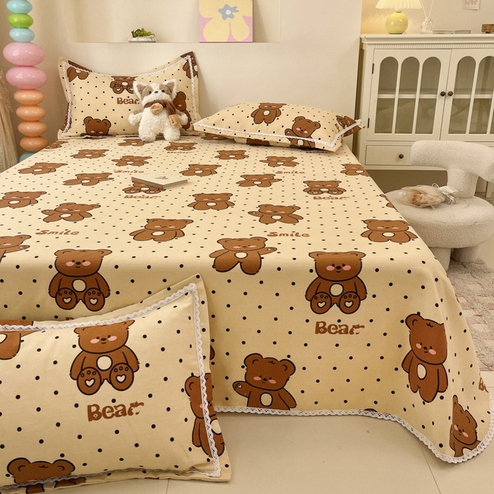 91家纺网 家纺一手货源 找家纺 新印象  2025新款花边老粗布床单款床笠款三件套小熊软糖