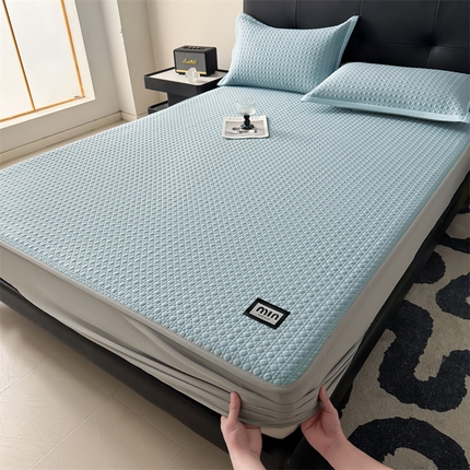 慕木家纺 2025新品A类高克重高端复合三明治PE提花冰豆豆凉席床笠 MIN冰豆豆床笠-冰晶蓝