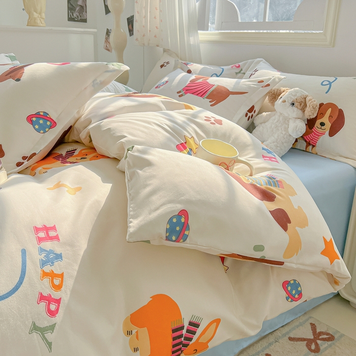 91家纺网 家纺一手货源 找家纺 悦织湾家纺 2025新款亲肤芦荟棉四件套轻奢印花磨毛床上用品亲肤棉四件套 腊肠派对