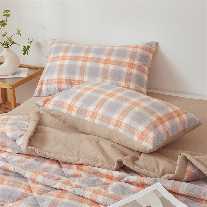 91家纺网 家纺一手货源 找家纺 2025新款A类里外全棉夏凉被100%新疆棉纯棉全棉填充无印格子款空调被原棉夏被 里外全棉-桔灰格