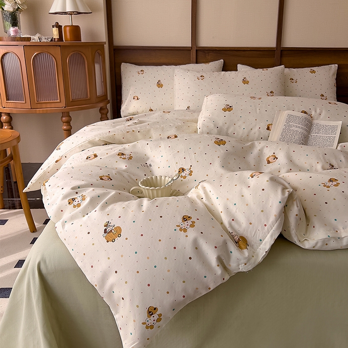 91家纺网 家纺一手货源 找家纺 优品阁  2025新款A类全棉有氧双层纱四件套 彩星汪汪