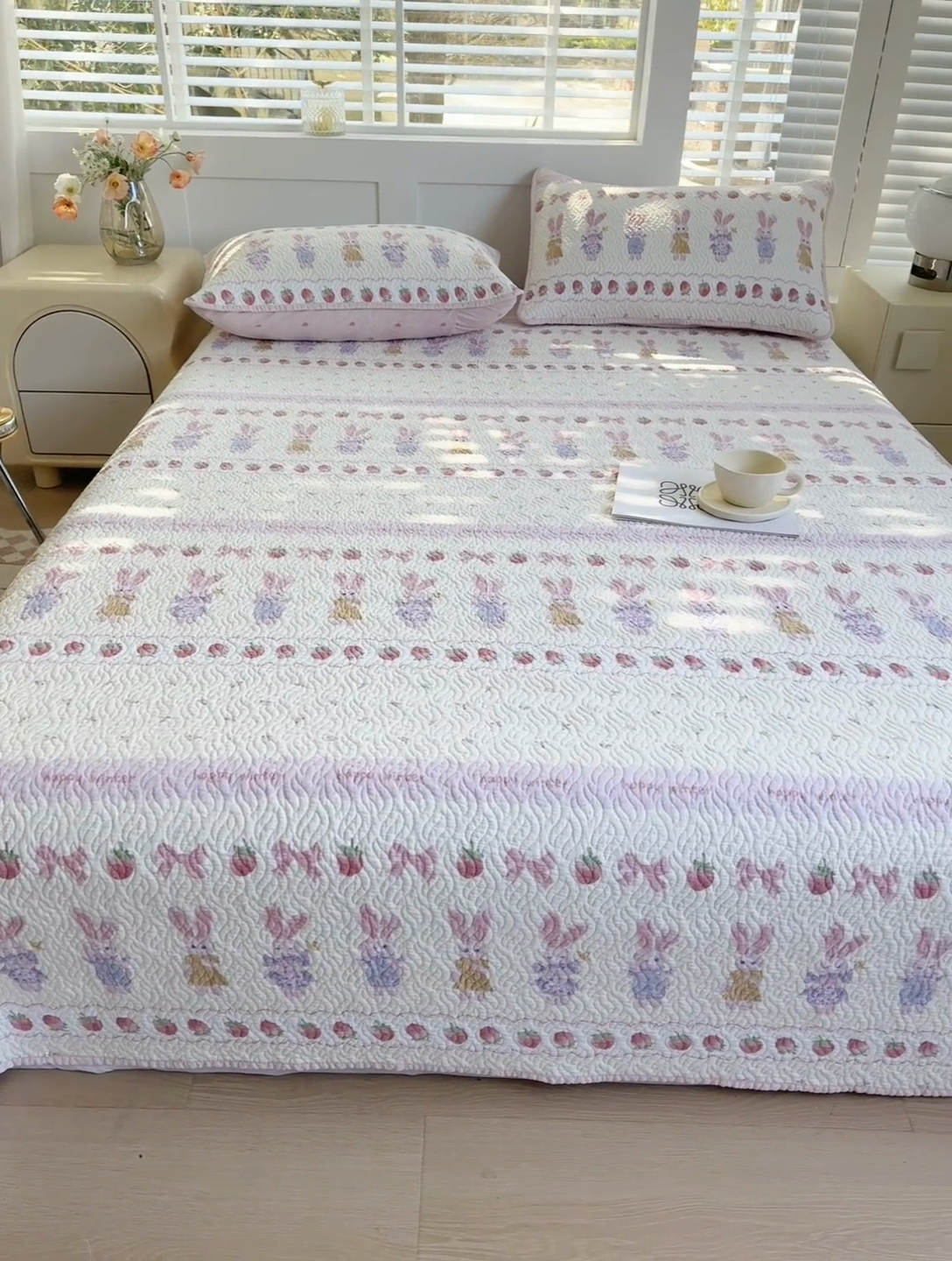 91家纺网 家纺一手货源 找家纺 宜梦家居【需要买家秀请联系老板】 2025新款双面纯棉夹层新疆棉花高温砂洗全棉床盖 踏春小兔