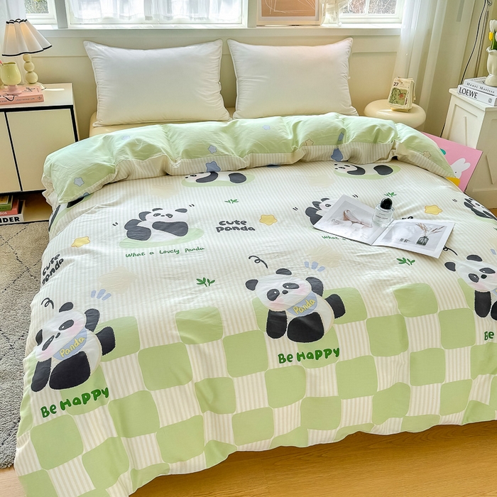 91家纺网 家纺一手货源 找家纺 红粉佳人家纺 2025春夏新款A类全棉纯棉12868纯棉单被套 绿格熊猫
