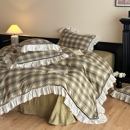 蓝邻家纺 2025春夏新款全棉纯棉复古双层纱花边织带款四件套 布里奥