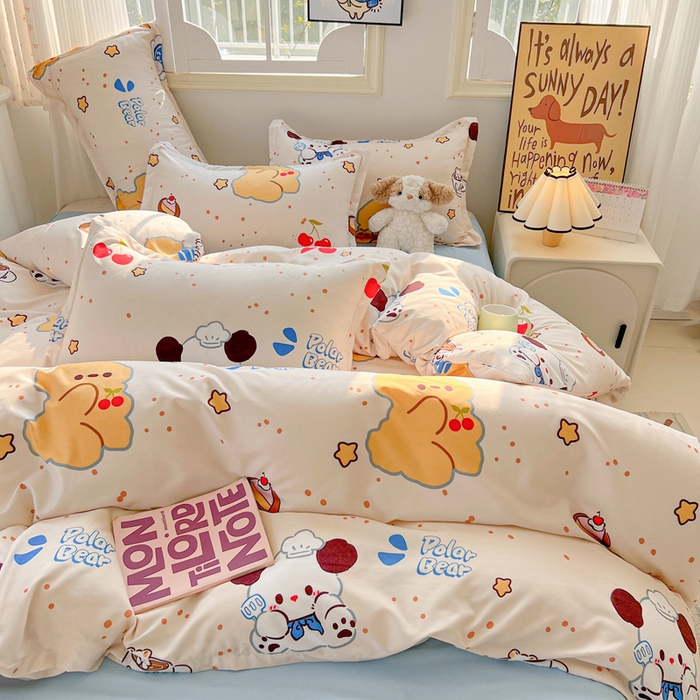 91家纺网 家纺一手货源 找家纺 悦织湾家纺 2025新款亲肤芦荟棉四件套轻奢印花磨毛床上用品亲肤棉四件套 蛋糕熊