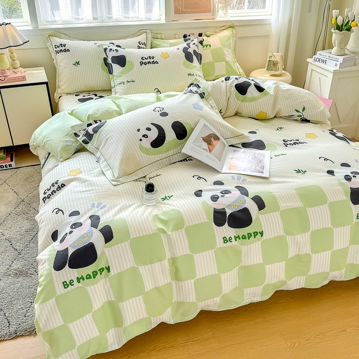 91家纺网 家纺一手货源 找家纺 红粉佳人家纺 2025春夏新款A类全棉纯棉12868纯棉单被套 绿格熊猫