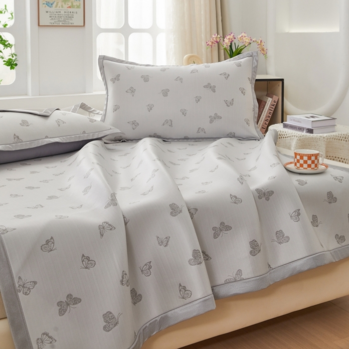 91家纺网 家纺一手货源 找家纺 曲宿家纺 2025新款高分子色织提花软凉席系列 蝴蝶-灰