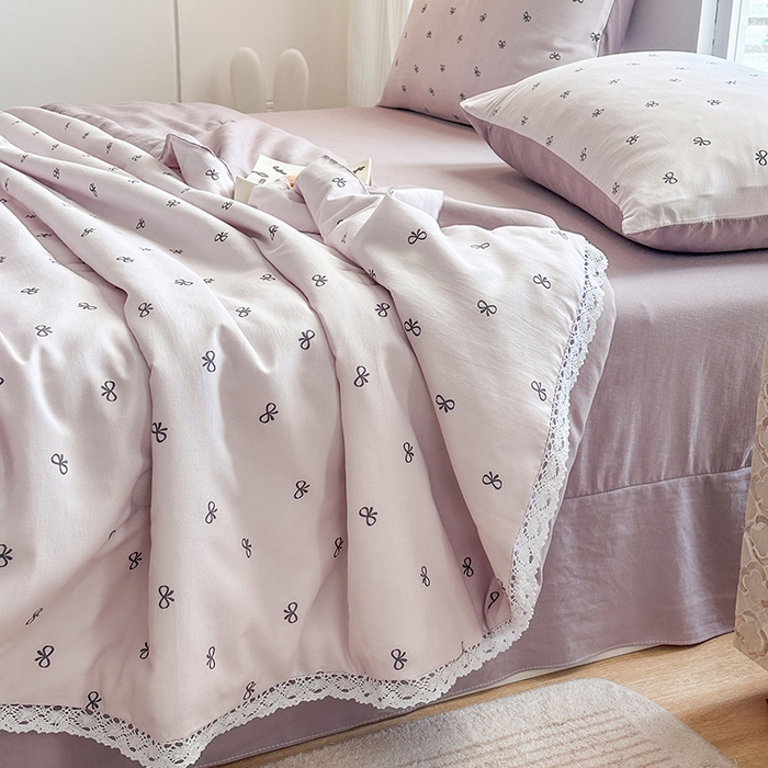 91家纺网 家纺一手货源 找家纺 斯卡诺家纺 2025新款针织双层纱韩版花边夏被四件套夏季夏凉被空调被 莫奈紫