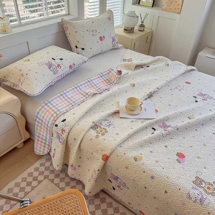 91家纺网 家纺一手货源 找家纺 宜梦家居【需要买家秀请联系老板】 2025新款双面纯棉夹层新疆棉花高温砂洗全棉床盖 甜蜜小兔