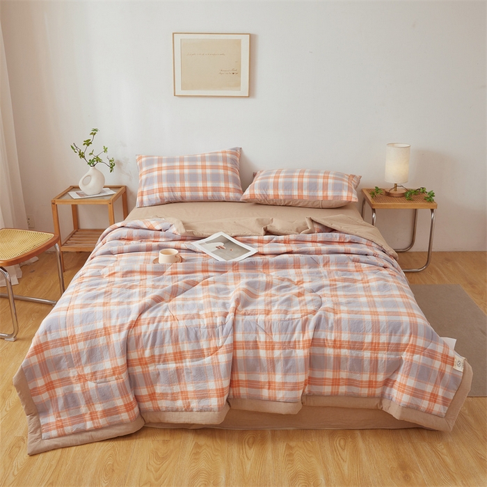 91家纺网 家纺一手货源 找家纺 2025新款A类里外全棉夏凉被100%新疆棉纯棉全棉填充无印格子款空调被原棉夏被 里外全棉-桔灰格