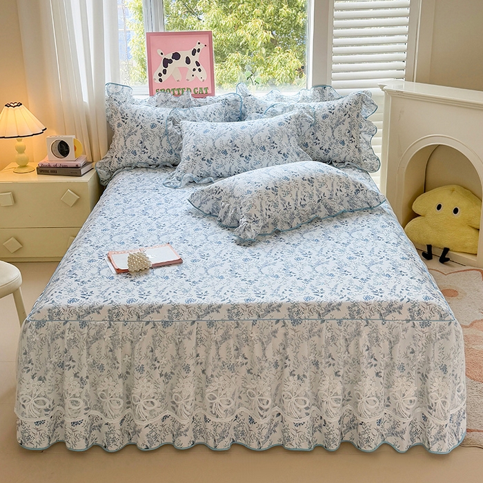 91家纺网 家纺一手货源 找家纺 宜凡家纺 2025新款全棉蕾丝花边床裙三件套 花香浮梦