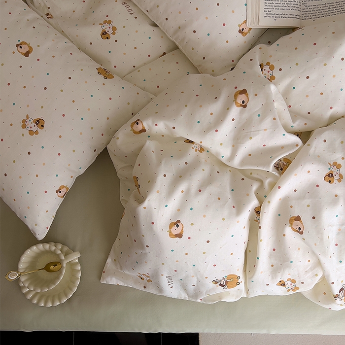 91家纺网 家纺一手货源 找家纺 优品阁  2025新款A类全棉有氧双层纱四件套 彩星汪汪